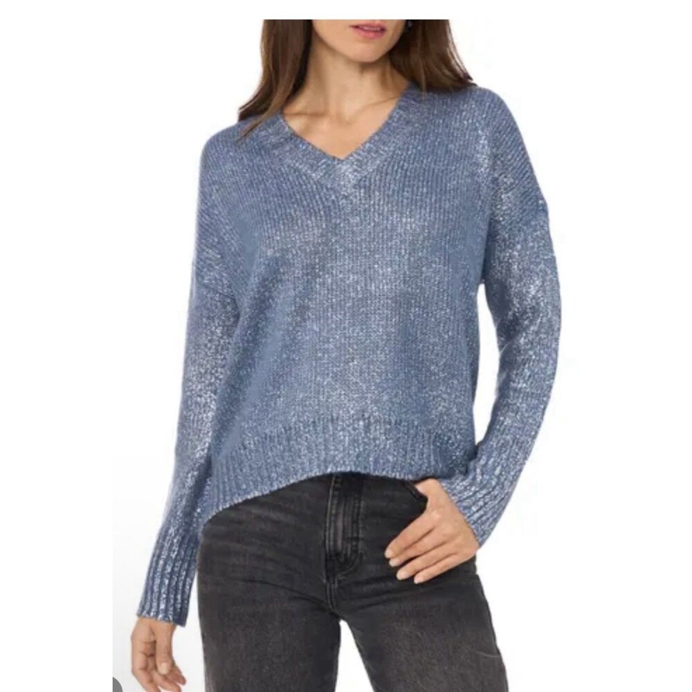 1.STATE Blue Metallic Speckled V-Neck Pullover Sweater, Large